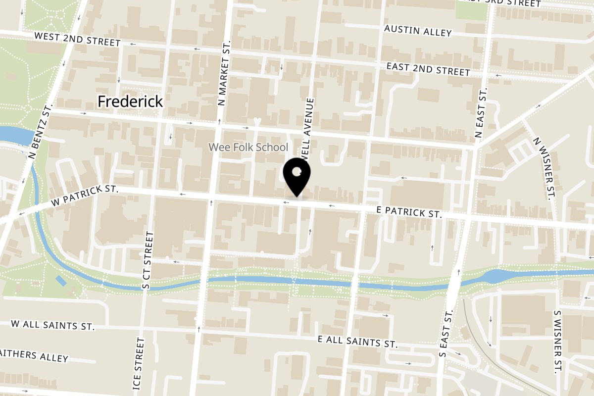 Map showing the location of Maxwell's Burgers & Shakes on 57 E Patrick St in Frederick